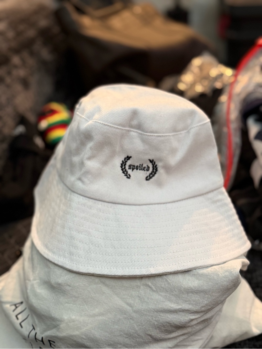 White 'Spoiled' Embroidered Bucket Hat